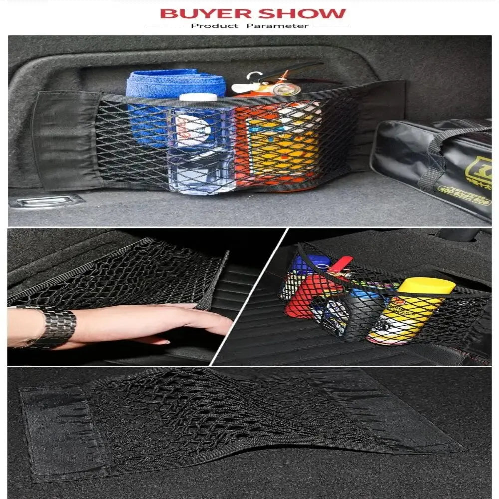 Car Back Rear Mesh Trunk Seat Elastic String Net Magic Sticker Universal Storage Bag Pocket Cage Auto Organizer Seat Back Bag