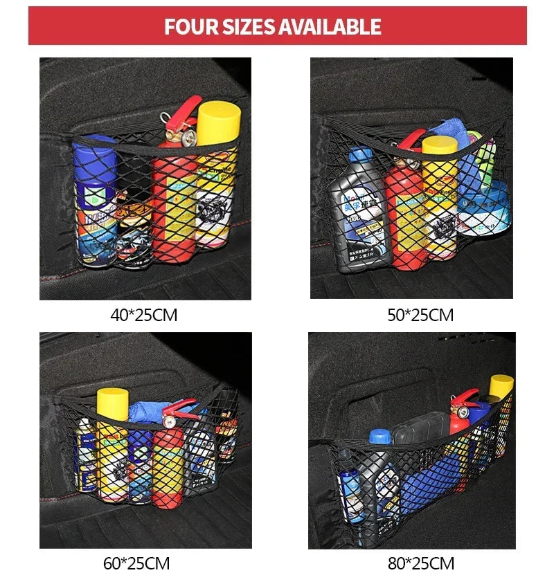 Car Storage Net Stretchable Mesh Pocket Net Magic Elastic Sticker Universal Rear Mesh Trunk Seat Bag Pocket Cage Auto Organizer