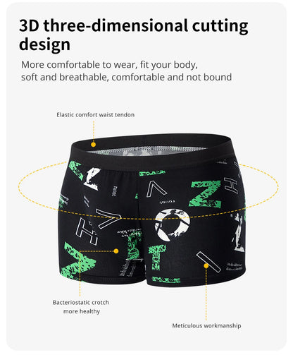 4-piece men's printed letter underwear beach shorts comfortable breathable teenagers plus size underwear up to 6XL.