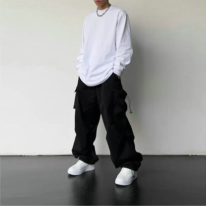 Spring Summer Fashion Casual Pans For Men Streetwear Solid Color Cargo Pants Elastic Waist Wide Leg Men's Joggers