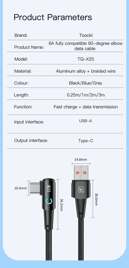 Toocki 6A USB C Cable 90 Degree For OPPO 100W Fast Charging Cord For Honor Huawei Oneplus Realme Charger Data Wire